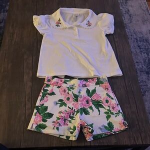Janie and Jack White Polo Top with Pink & Green Floral Shorts